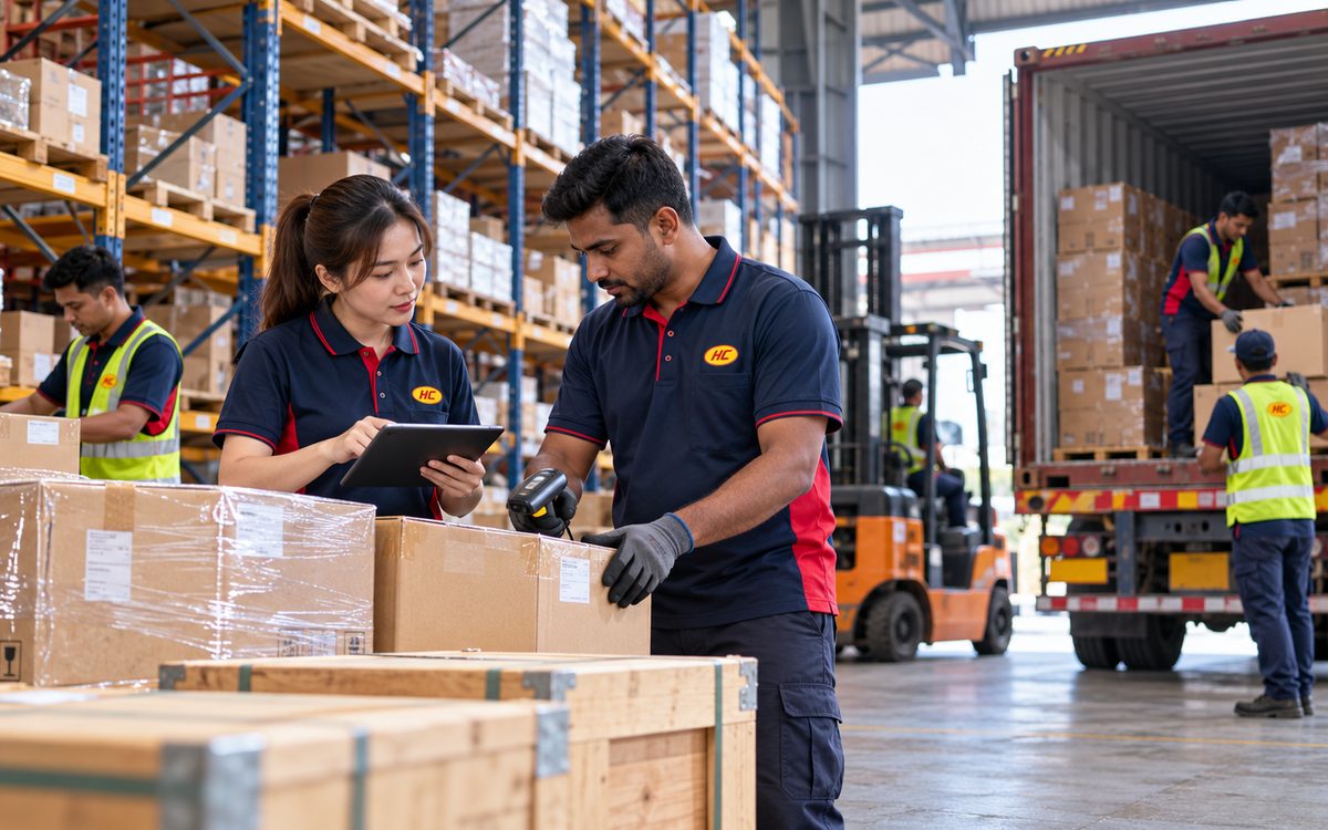 Pallets from different suppliers checked in beside the container