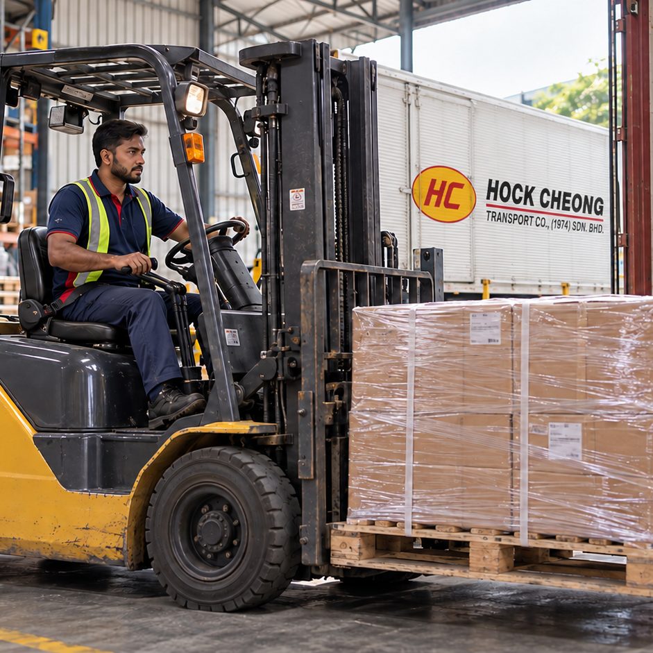 A forklift loading a pallet into a container at the Port Klang warehouse